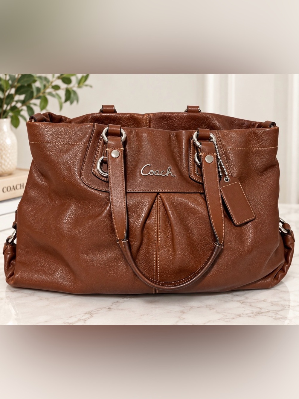 Coach Brown Leather Large Satchel Carryall Tote Bag Purple Lining